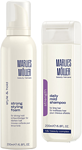 Marlies Möller Topseller Set 2 = Strength Daily Mild Shampoo 200 ml + Style & Strong Strong Styling Foam 200 ml