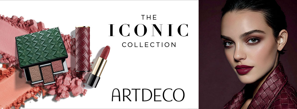 Artdeco The Iconic Collection – Startseitenbanner mit Lidschatten-Palette, Lippenstift in Bordeaux-Rot und Model in weinroter Lederjacke mit dunklem Augen-Make-up