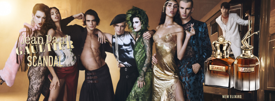 Jean Paul Gaultier Scandal Kampagnenmotiv: diverse Models in auffälliger Couture-Mode inszeniert in glamourösem Ambiente, rechts Scandal Elixir Parfumflakons