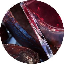 Dunkle Kakaofrüchte und eine glänzende Parfümflasche