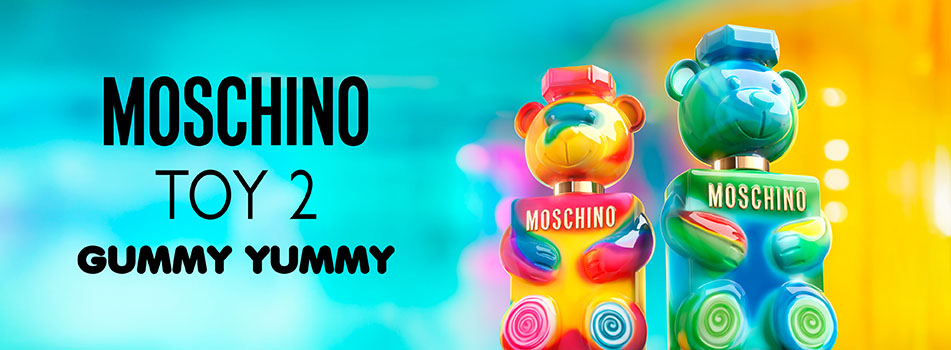 Moschino Toy 2 Gummy Yummy, zwei bärenförmige Parfümflakons in Gelb und Grün vor buntem Hintergrund