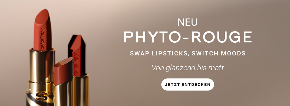 Werbebanner für Phyto-Rouge Lippenstift von Sisley Paris: mehrere Lippenstifte in warmen Rottönen mit goldener Hülle vor neutralem Hintergrund.