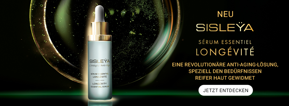 Auf einem dunkel grünen Hintergrund steht das Sisley Sisleya Serum mit einem goldenen Schriftzug daneben.