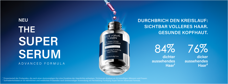 Sisley Hair Rituel Super Serum Advanced Formula mit Angaben zu volleren Haaren und gesunder Kopfhaut