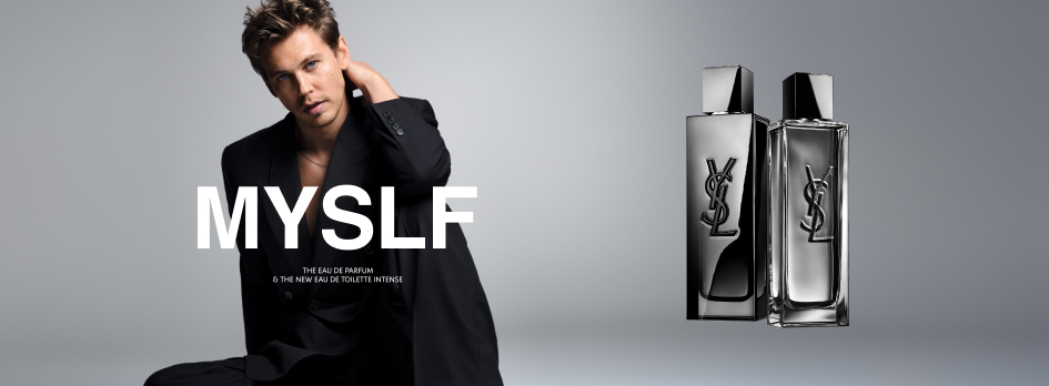 Yves Saint Laurent MYSLF Werbebanner mit Mann im Anzug und den Parfumflakons Eau de Parfum und Eau de Toilette Intense