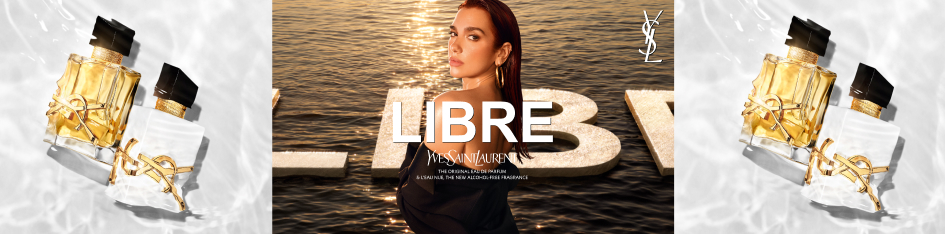 Produktbanner für Yves Saint Laurent Libre: In der Mitte eine Frau vor einem Gewässer mit dem Schriftzug ‚Libre‘, links und rechts goldfarbene Parfumflakons mit YSL-Logo, arrangiert vor hellem Hintergrund.
