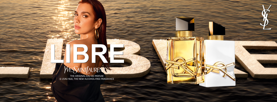 YSL Libre Eau de Parfum und Libre L’Eau Nue – Damenparfum von Yves Saint Laurent, präsentiert vor Sonnenuntergang am Wasser mit ikonischem LIBRE-Schriftzug.
